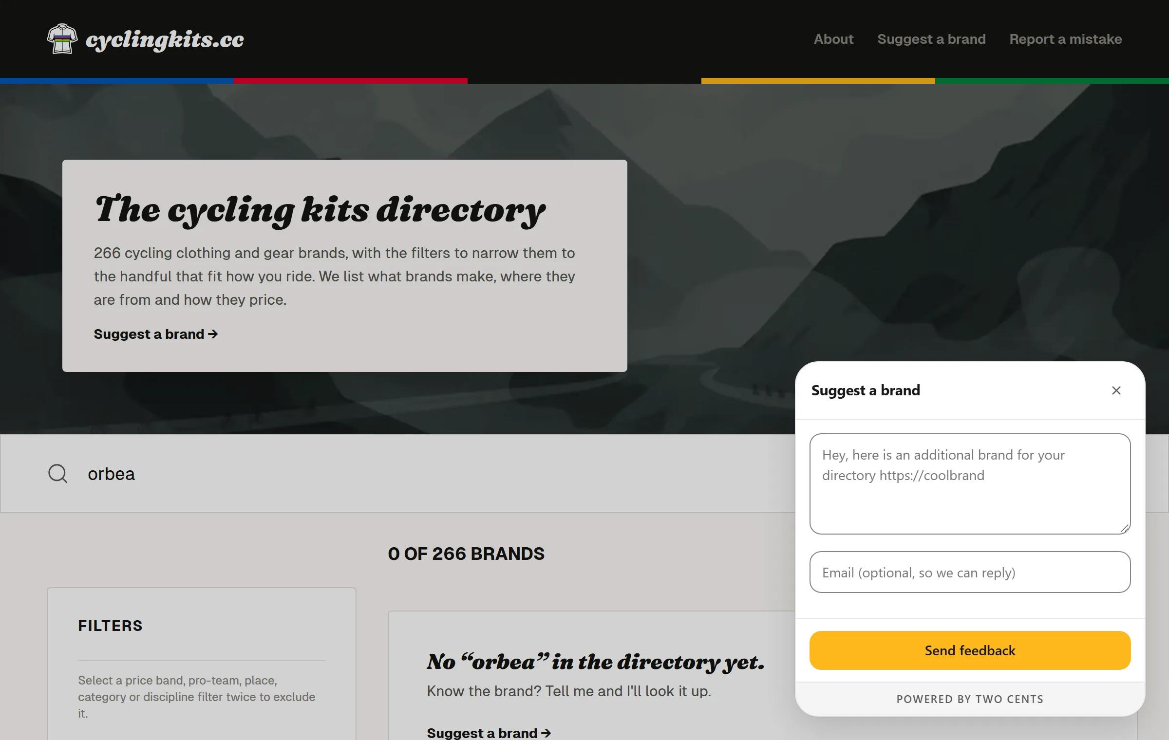 cyclingkits.cc after a search with no result, with the Two Cents widget open on its question, "Suggest a brand".